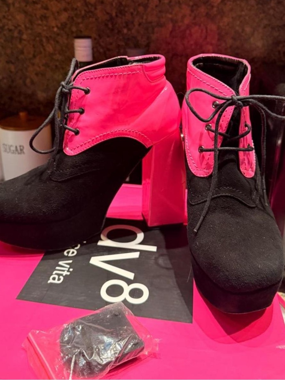 Dolce Vita Black and Hot Pink Lace-Up Block Heel Booties